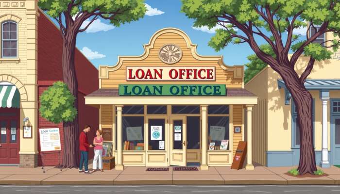 Illustration of a historic Mississippi town with a vintage "Loan Office" storefront, people discussing finance, and classic Southern architecture under a blue sky.