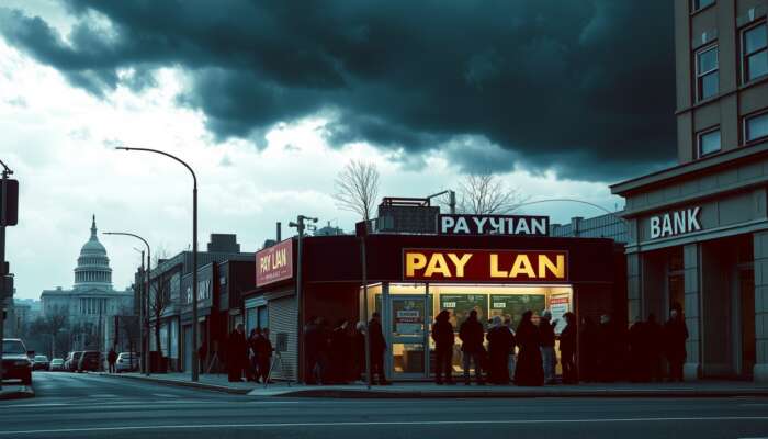 A somber urban street scene showing a payday loan storefront with a long line of anxious customers, dark clouds overhead symbolizing economic downturn, and a distant government building hinting at legislative action.