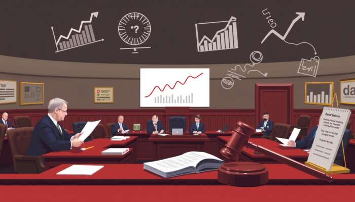 Lawmakers in a legislative chamber discussing financial regulations, surrounded by symbols like scales, a gavel, and interest rate charts, reflecting urgency for stricter lending rules.
