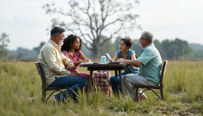 A family in a serene Mississippi landscape discussing finances around a table, expressing urgency for financial stability and support.