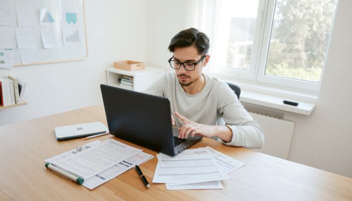 Person at a desk with a laptop and documents, including pay stubs and a driver's license, focused on filling out a loan application in a well-lit, organized workspace.