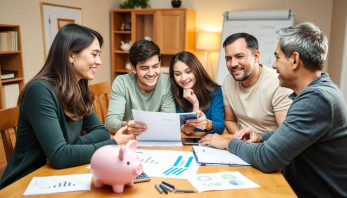 A family discussing finances at a table with charts and calculators in a cozy home setting, emphasizing thoughtful communication and planning.