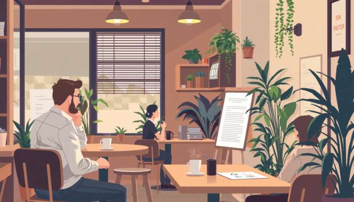 A cozy coffee shop interior where patrons converse over coffee, while a financial advisor discusses loan options with a client at a corner table, surrounded by plants and soft lighting.