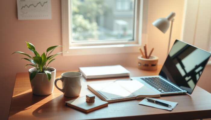 Cozy home office with a desk, laptop, plant, coffee mug, and notepad, symbolizing budgeting and financial planning in a serene setting.