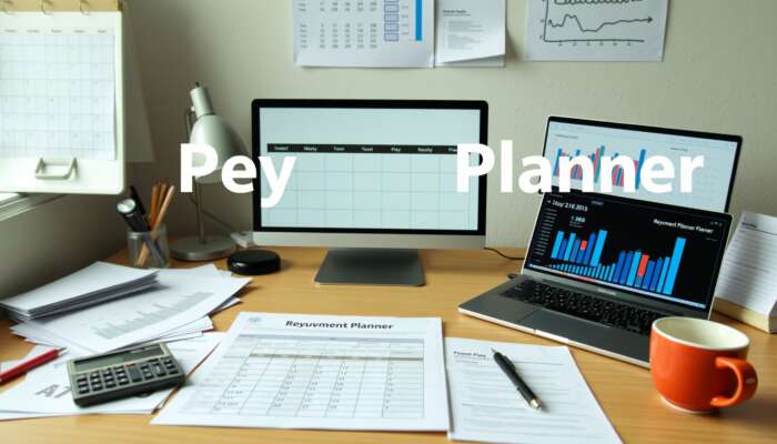 An organized desk with an open repayment planner, financial documents, a calculator, a coffee cup, a wall calendar with due dates, and a laptop showing cash flow and debt priority graphs.