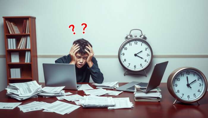 A stressed individual at a table filled with bills and a laptop, symbolizing urgency and financial pressure, with a ticking clock in the background.