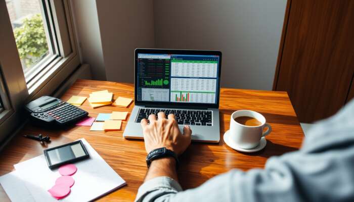 Person working at a wooden desk with a laptop, financial spreadsheets, sticky notes, a calculator, and coffee, with a bright window view.