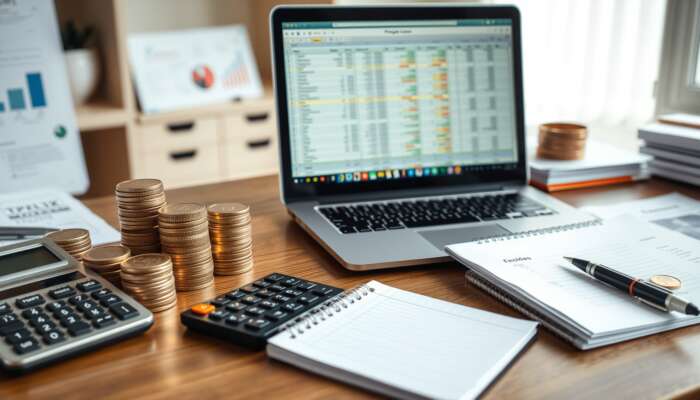 A financial planner's desk featuring a calculator, notepad, laptop with a budget spreadsheet, stacks of coins, and payday loan documents in a bright, organized office.