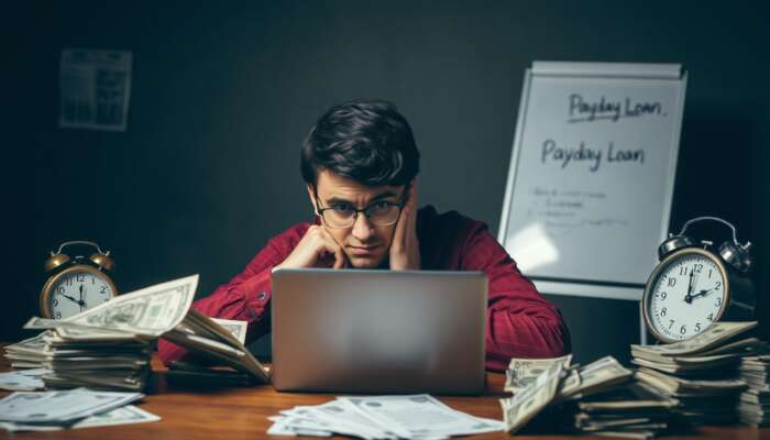 A worried person at a table surrounded by bills and a laptop displaying a payday loan website, with a clock indicating urgency and a stack of cash nearby in a dimly lit room.
