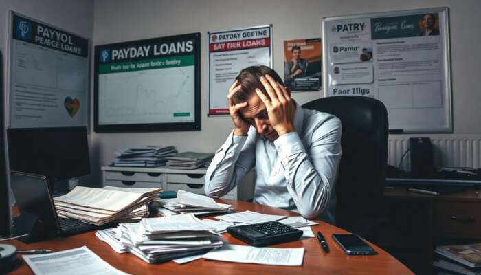 A worried person sitting at a cluttered desk with bills and payday loan advertisements, holding their head in their hands.