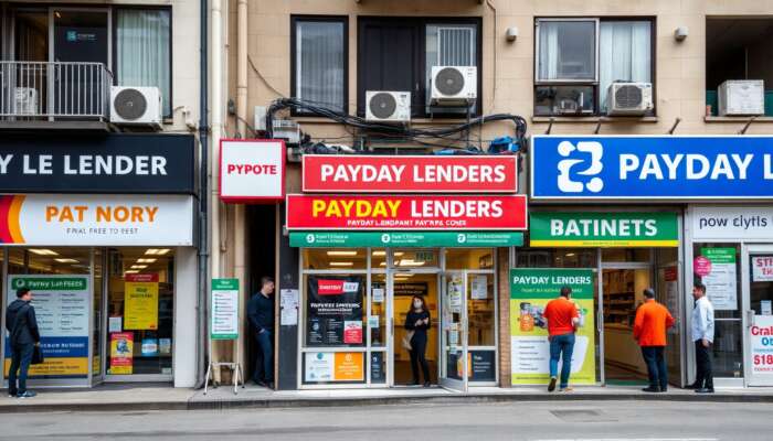 A vibrant urban scene featuring a variety of payday lender storefronts, each displaying unique designs and signage, as customers engage in discussions about different fees and services, highlighting community and choice.