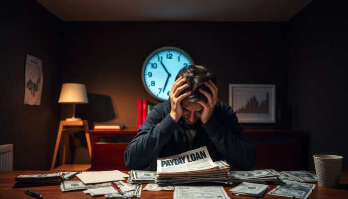 A stressed individual in a dimly lit room surrounded by bills and a payday loan application, holding their head in their hands, with a clock indicating the urgency of financial distress.