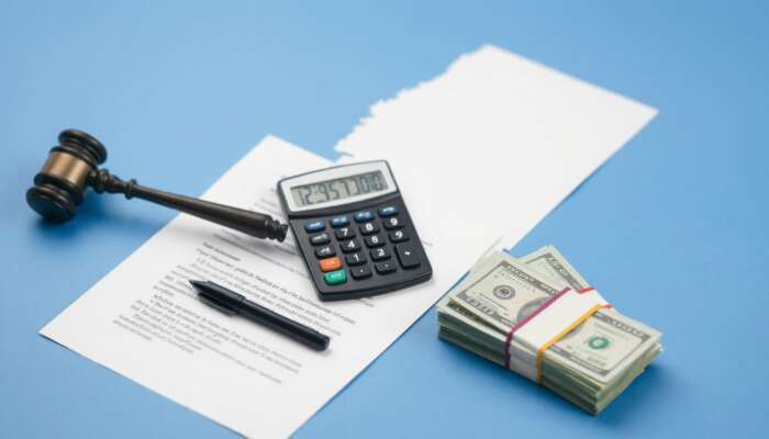 Abstract representation of a legal document, gavel, calculator, and stack of cash, symbolizing payday lending regulations in Mississippi.