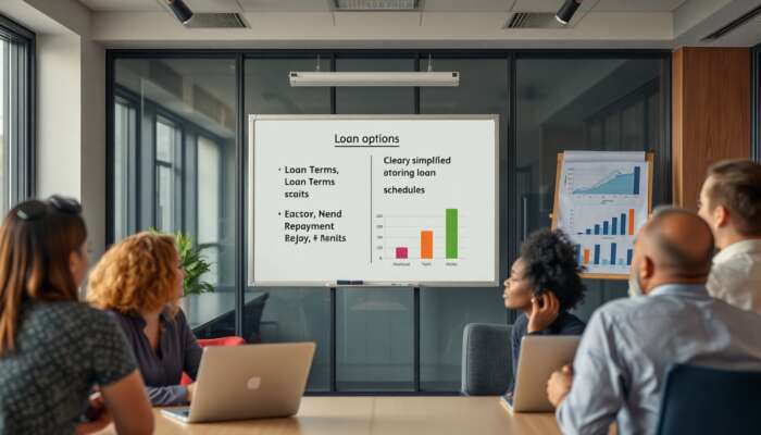 Diverse individuals in a modern office discussing transparent loan options, with a whiteboard showing simplified loan terms and a group workshop on financial literacy.