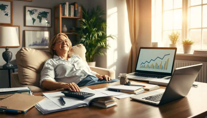 A relaxed individual in a cozy home office, surrounded by organized paperwork and a laptop showing positive financial graphs, representing the benefits of debt consolidation.