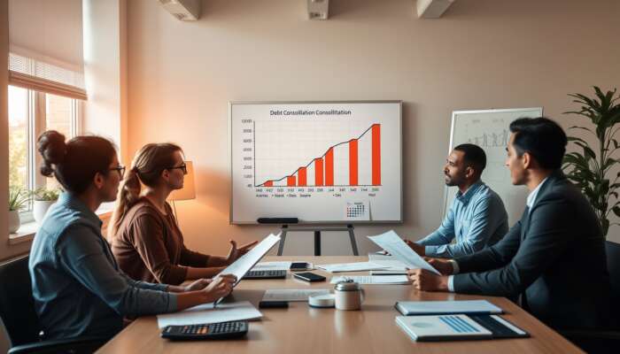 Diverse professionals in a serene office discussing financial documents, with a whiteboard showing an upward trend in credit scores and elements of debt consolidation like calculators and a laptop.