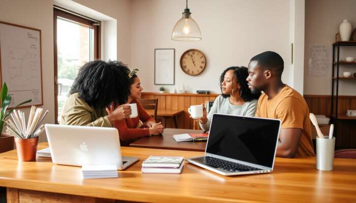 Cozy coffee shop in Mississippi with a friendly barista serving diverse customers discussing financial matters, featuring bills and a laptop with a calculator, all in soft natural light.