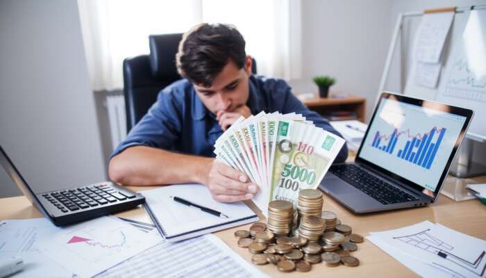 Person calculating borrowing options with currency notes, coins, a calculator, and financial documents in a home office.