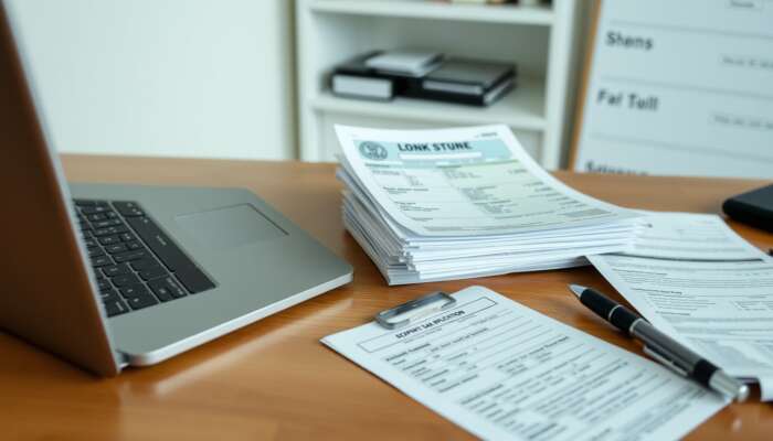 A well-organized home office desk featuring essential loan application documents, including a pay stub, driver's license, utility bill, and completed application form, alongside a laptop and pen.