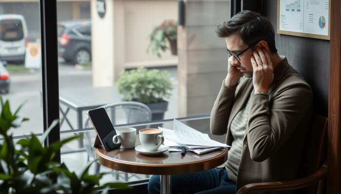 Person sitting at a café table, looking stressed while reviewing bills and documents, with a coffee cup and smartphone displaying financial apps in a cozy urban setting.