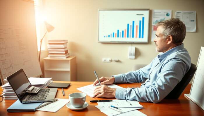 Person analyzing financial plans at a desk with a calculator, laptop, papers, and coffee in a cozy office setting.