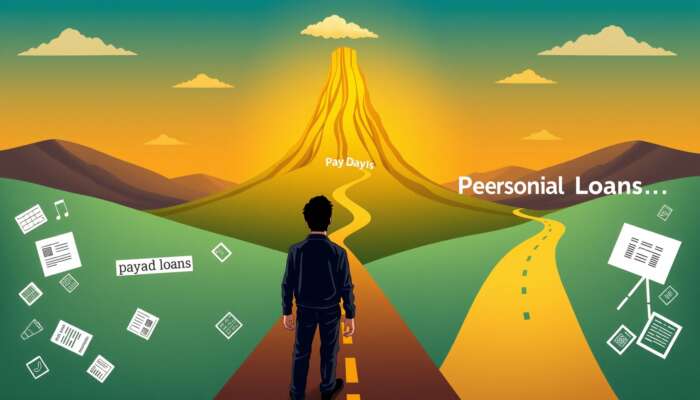 A borrower stands at a crossroads, contemplating two paths: one leads to a towering stack of money labeled "Payday Loans" under ominous clouds, while the other leads to a calm path labeled "Personal Loans" with clear skies, symbolizing the choice between high-interest and traditional loans.