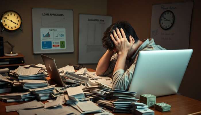 Stressed individual at a cluttered table with bills and receipts, holding their head in their hands, while looking at a loan application on a laptop, conveying urgency and financial worry.