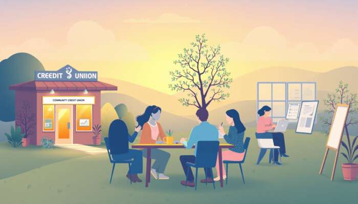 A warm and inviting financial scene showcasing a community credit union, a friendly financial advisor discussing personal loans, a family discussing financial support, and a person happily engaged in a side gig at home, symbolizing hope and assistance.