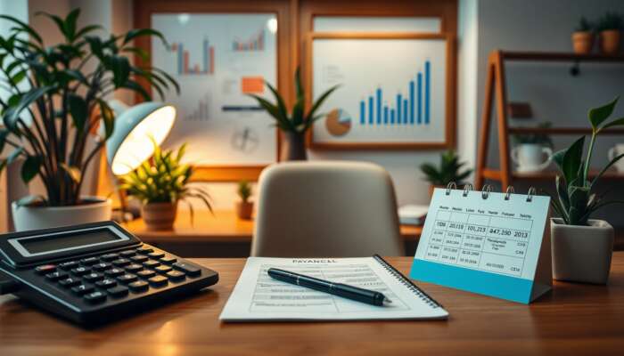A serene office space featuring a desk calculator, notepad with a financial plan, and calendar marking payment due dates, representing financial planning and stability.