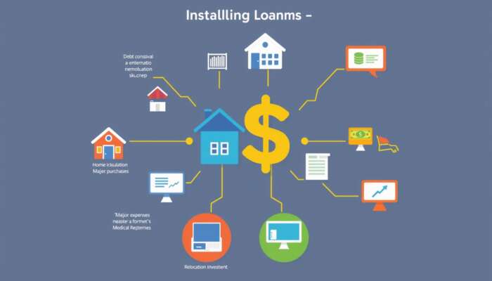 Infographic showcasing the diverse uses of installment loans, featuring icons for debt consolidation, home improvements, major purchases, medical expenses, educational expenses, emergency funds, business investments, and relocation costs, interconnected with arrows.