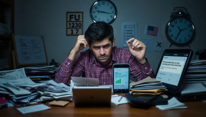 A stressed individual surrounded by overdue bills and payday loan notifications, conveying the financial strain of payday loan debt.
