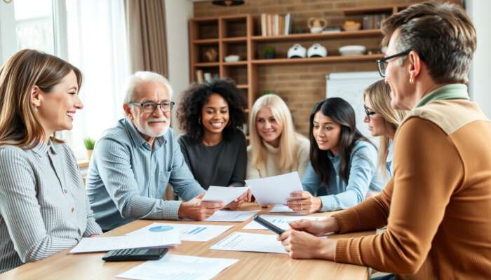 A diverse group of individuals discussing financial strategies in a community setting, focused on managing payday loan debt.