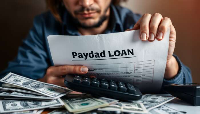 Distressed person holding a payday loan application surrounded by bills and a calculator, illustrating the emotional burden of financial struggles and the consequences of payday loans.