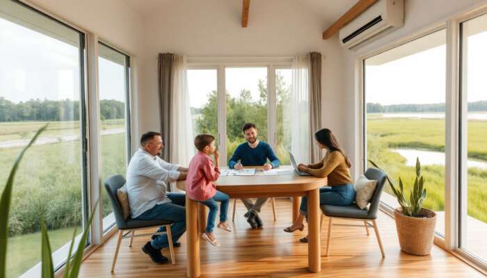 Family discussing financial plans at a table with charts and a laptop in a cozy Mississippi home, surrounded by greenery and a river.