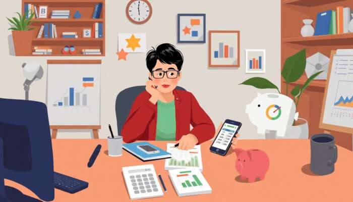 Person organizing finances at a desk with budgeting tools like a calculator, charts, and a smartphone app, alongside a calendar marking repayment dates and a piggy bank for savings in a cozy home setting.