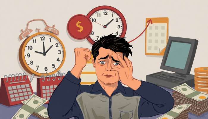 A stressed person surrounded by bills and a calendar, with a clock indicating urgency, symbolizes the pressure of payday loans and the looming presence of debt.