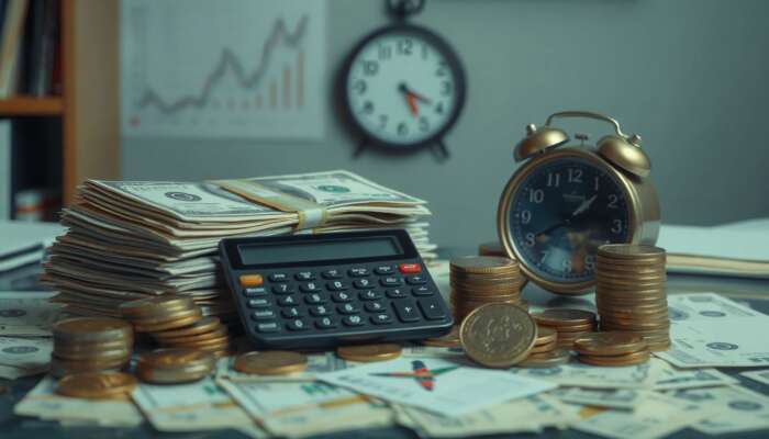 A stack of cash and a calculator surrounded by bills and coins in a dimly lit room, symbolizing financial stress and urgency.