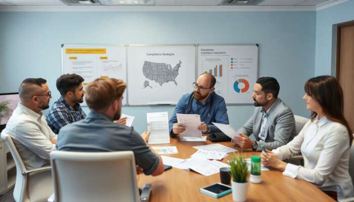 Diverse professionals in an organized office discussing compliance strategies for payday loan regulations, surrounded by documents and charts emphasizing transparency and legal adherence.