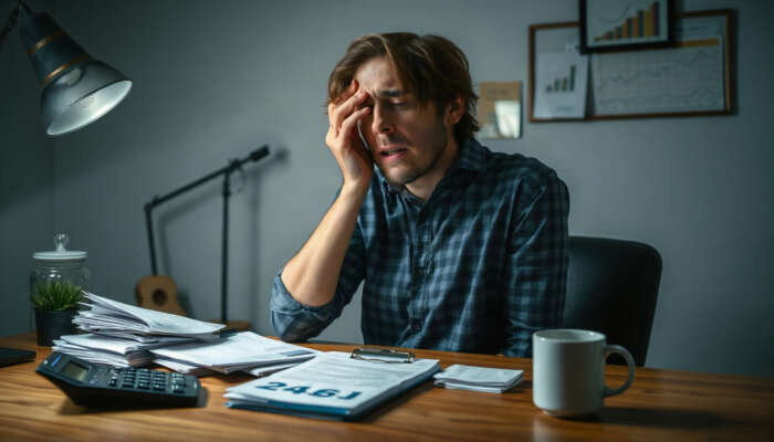 A stressed individual surrounded by bills and loan documents at a cluttered table, highlighting the challenges of managing payday loans.