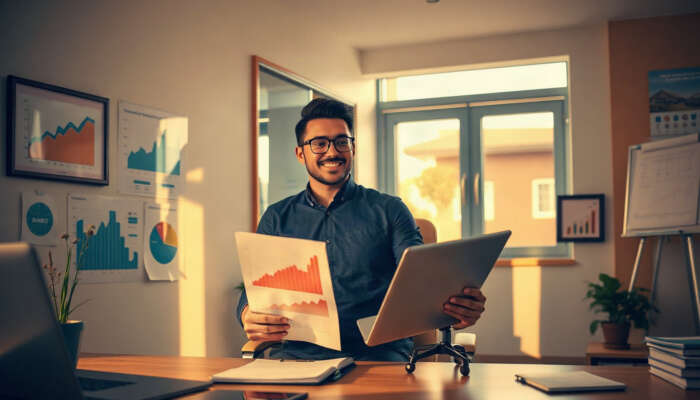 Financial advisor's office with a confident individual reviewing a wealth-building plan, surrounded by charts and graphs on savings, investments, and budgeting strategies.
