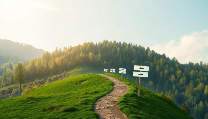 A winding path through a lush forest with vibrant signposts representing milestones, symbolizing the journey of long-term financial planning.