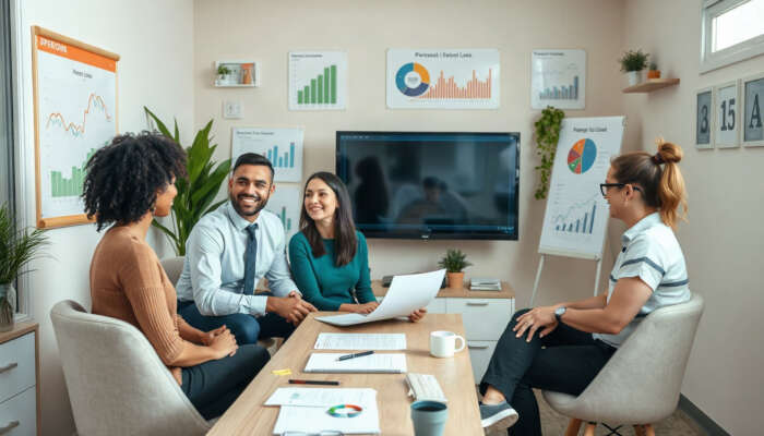 A welcoming office space where diverse individuals discuss personal and payday loan solutions, surrounded by supportive financial visuals, conveying trust and professionalism.