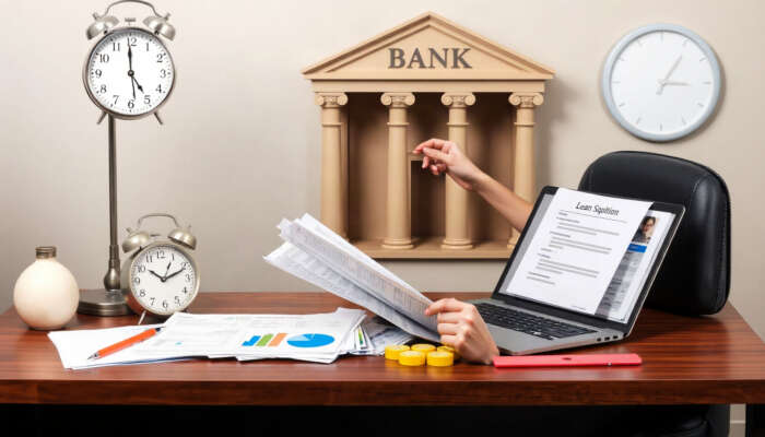 Person at a desk organizing documents for a loan application, with a laptop displaying the form, a clock emphasizing urgency, and a bank building in the background.
