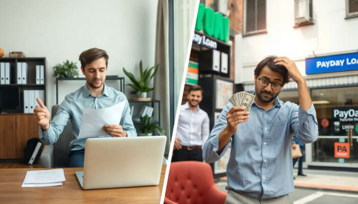 A split image contrasting a relieved person receiving a personal loan approval in a cozy office with financial documents, and a stressed individual holding cash outside a payday loan storefront in a busy urban setting.