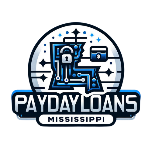 Logo of Mississippi payday loans featuring financial symbols and a default kit within a circular badge design.